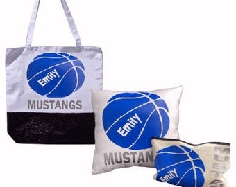 Girls Basketballl Sports Gift Set includes Personalized Glitter Tote Bag, Glitter Makeup Bag & matching pillow Basketball Christmas Gift