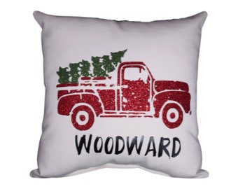 Personalized  Christmas Holiday Red Truck Pillow Decor  Red Glitter Tree Green Glitter Custom Printed gift