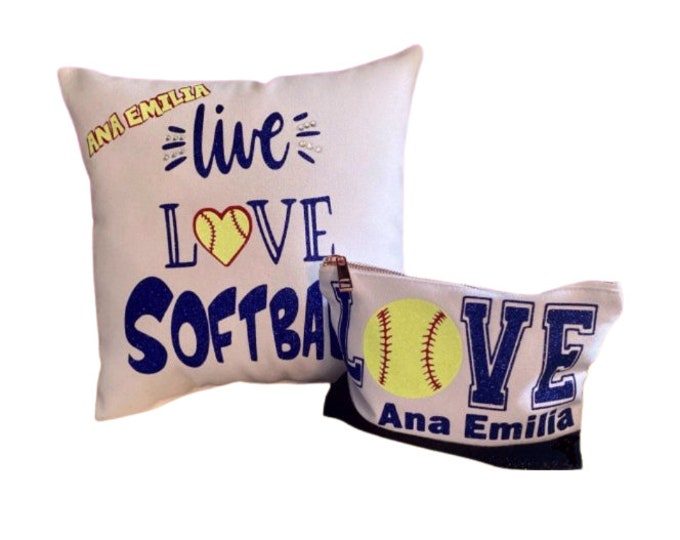 Girls Softball Gift Set Personalized Pillow and Cosmetic Zipper Pouch Custom Live Love Softball Decorative Pillow and Zipper Bag Bundle