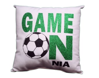 Personalized GAME ON Soccer Pillow for girls or boys printed in flat or glitter  gift soccer room decor