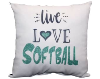 Rhinestone Glitter LIVE LOVE SOFTBALL Pillow  Sports Decor, Softball bedding,  decor, gifts, coach gift, girls  softball