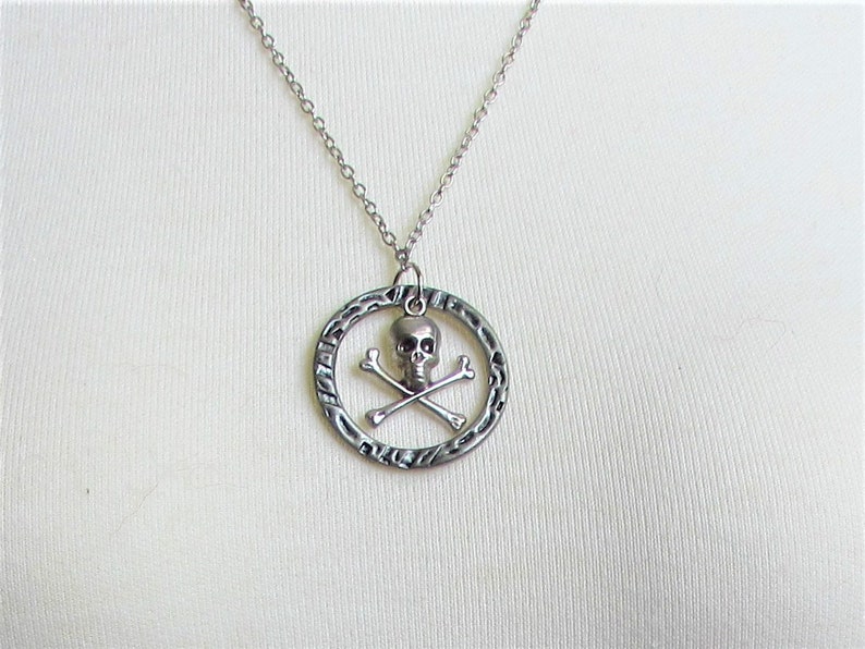 Necklace dark silver ring halloween pendant jewelry NN45 repurposed jewelry skull and crossbones sallygaljewelry