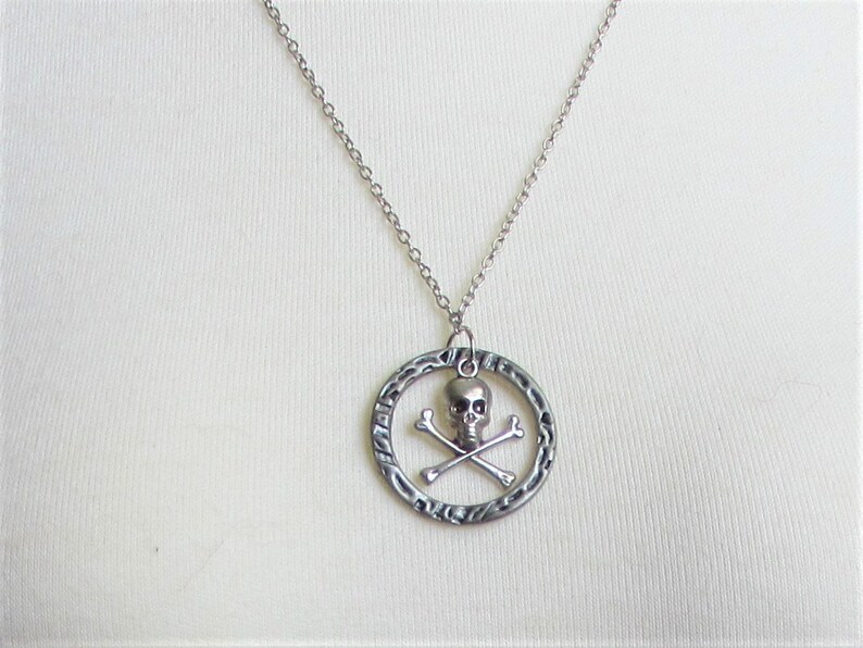 Necklace dark silver ring halloween pendant jewelry NN45 repurposed jewelry skull and crossbones sallygaljewelry