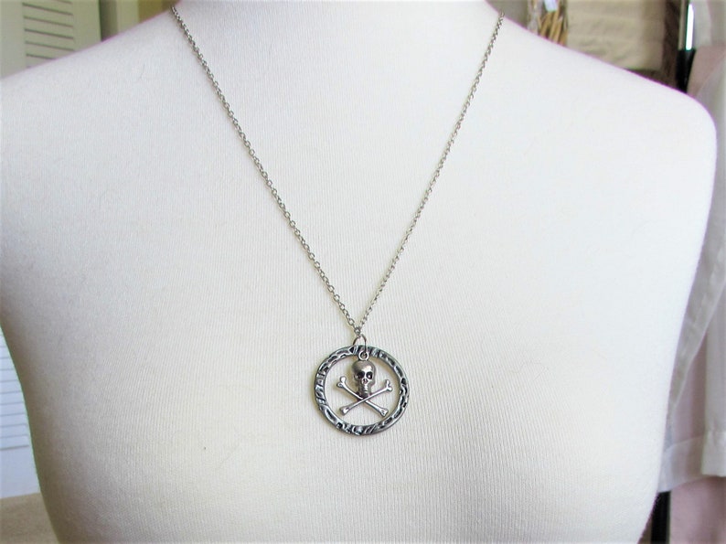 Necklace dark silver ring halloween pendant jewelry NN45 repurposed jewelry skull and crossbones sallygaljewelry