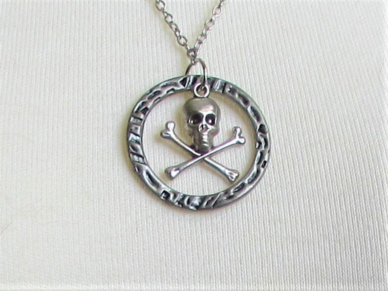 Necklace dark silver ring halloween pendant jewelry NN45 repurposed jewelry skull and crossbones sallygaljewelry