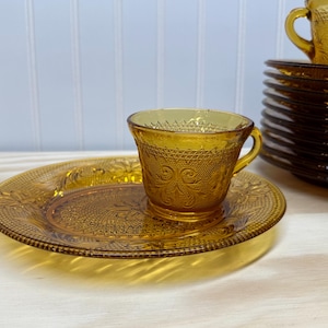 Set of 7 Indiana Glass Tiara amber pressed glass snack sets