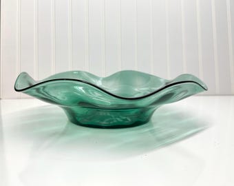 Gorgeous teal, juniper hand blown art glass console bowl