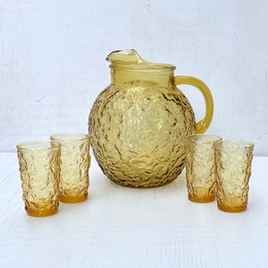 Vintage Lido Milano amber glass ball pitcher and juice glasses