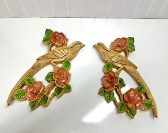 Pair of vintage Syroco bird and blossom wall art