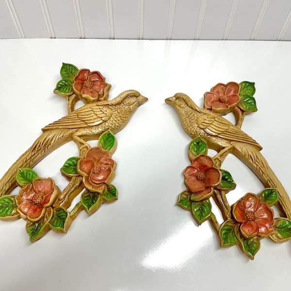 Pair of vintage Syroco bird and blossom wall art