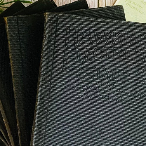 1923 - Hawkins Electrical Guide shops - Antique Book Set - Illustrated - Typography - Embossed Covers