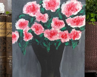 Abstract Original Painting - Pink Flowers in a Dark Grey Vase - Original Art - Unframed - Canvas Panel