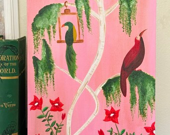 Pink Chinoiserie with Birds and Flowers Painting - Original Art - Unframed - Canvas Panel