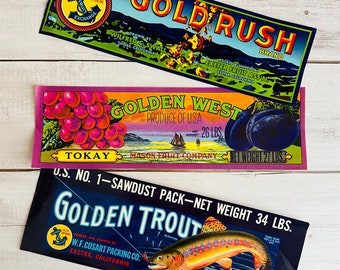 Vintage Crate Labels Set of 3 - Trout - Fruit - Gold Rush - Ship - California - Ephemera - Authentic Antique - Colorful - Art