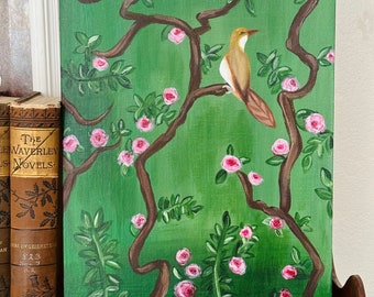 Green Chinoiserie with Bird and Pink Roses Painting - Original Art - Unframed - Canvas Panel