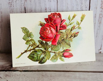 1909 Antique Postcard - Red Roses with Gilding - Victorian - Edwardian - Unused - Ephemera