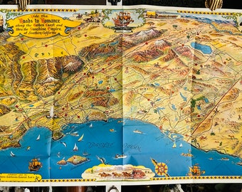 1963 Original Vintage Map - Southern California's Golden Coast - The Roads to Romance - Missions - L.A. - Anaheim - O.C. - Catalina - Rare