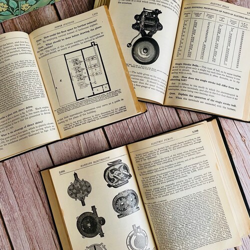 1923 - Hawkins Electrical Guide shops - Antique Book Set - Illustrated - Typography - Embossed Covers
