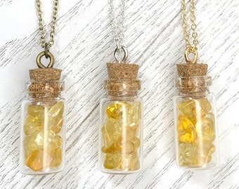 Citrine Gemstone Bottle Necklace | Crystal Vial Pendant | Yellow Minimalist Boho Jewelry | Healing Stone Necklace