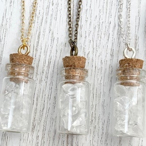 Clear Crystal Quartz Bottle Necklace • Dainty Quartz Pendant Necklace • Minimalist Crystal Boho Jewelry • Necklace for Cleansing and Anxiety