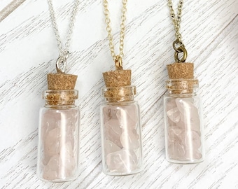 Pink Rose Quartz Gemstone Filled Glass Bottle Necklace, Healing Crystal Pendant