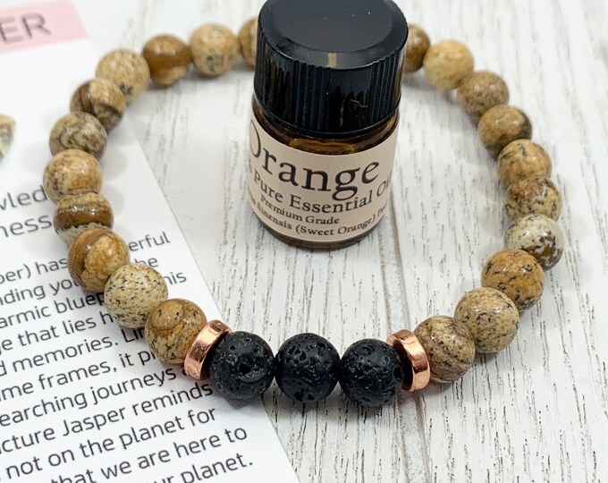 Picture Jasper Oil Diffuser Bracelet, Lava Stone Diffuser, Brown Aromatherapy Jewelry (6mm)