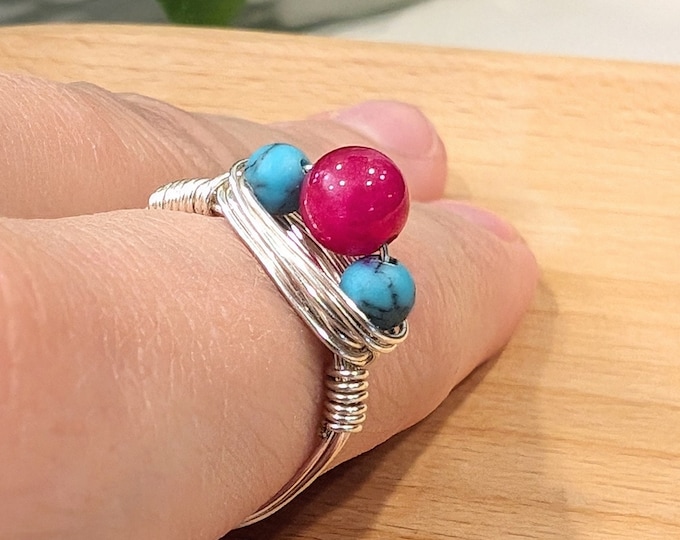 Pink Jade Turquoise Howlite Wire Wrapped Ring - Size 8