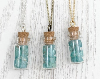 Blue Apatite Bottle Necklace, Delicate Vial Pendant, Boho Crystals Gemstone Jewelry Jar