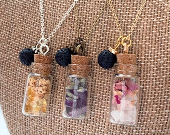 Crystal Herb Bottle Necklace, Essential Oil Diffuser Aromatherapy Pendant Jewelry, Amethyst Citrine and Rose Quartz Crystal Healing Necklace