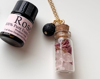 Essential Oil Diffuser Vial Necklace, Pink Quartz & Rose Aromatherapy Jewelry