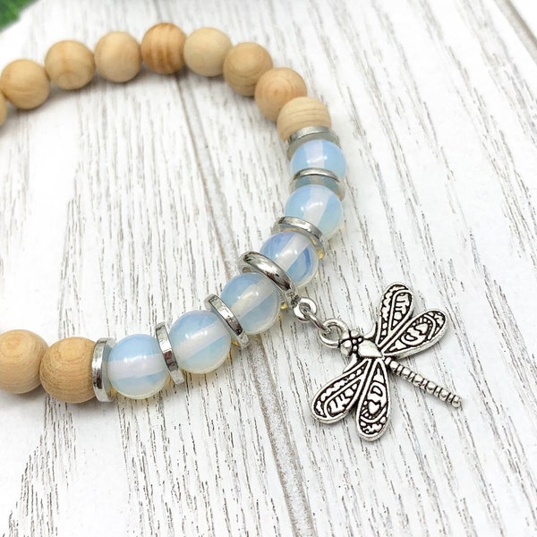 Moonstone Bracelet | Sandalwood Dragonfly Charm Bracelet