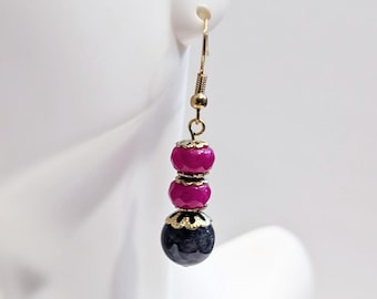 Pink & Green Jade Earrings in Gold, Handmade Beaded Gemstone Jewelry