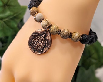 Copper Turtle Charm Bracelet with Picture Jasper & Lava Stone