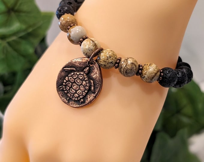 Black Lava Stone & Picture Jasper Bracelet, Mens Copper Bracelet, 'Sink or Swim' Boho Turtle Jewelry
