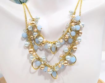 Swarovski Crystal Necklace with Blue Quartz, Gold Hoops and Pearls, Handmade Light Sapphire Elegant Layered Statement Jewelry
