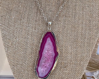 Large Pink Agate Slice Pendant Necklace, 18-22" Silver Boho Necklace, Gemstone Statement