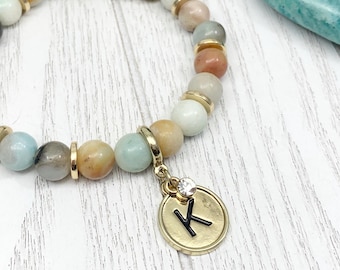 Personalized Gold Initial Charm Bracelet with Amazonite Gemstone