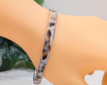 Vintage Tortoiseshell Inlay Bangle Bracelet, Marbled Brown Silver Retro Jewelry