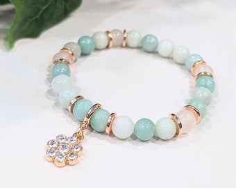 Custom Charm Bracelet, Rose Gold Gemstone Jewelry, Amazonite and Clear Quartz, Butterfly, Heart, Daisy or Pearl