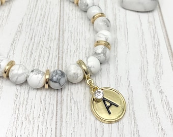 Personalized Gold Initial Charm Bracelet with Howlite Gemstone