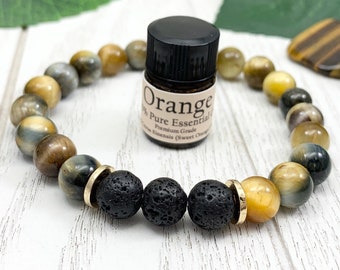 Tigers Eye Essential Oil Diffuser Bracelet, Handmade Gold Beaded Gemstone Aromatherapy Jewelry