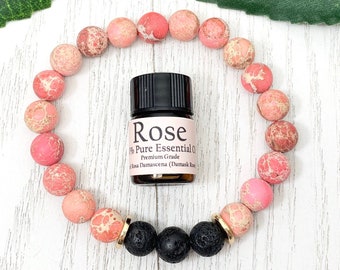Jasper Essential Oil Diffuser Bracelet, Handmade Pink Beaded Gemstone Aromatherapy Jewelry
