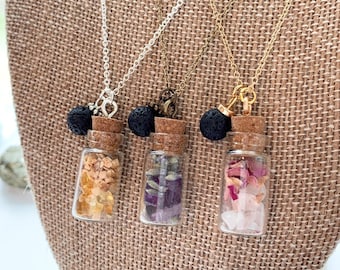 Diffuser Bottle Necklace with Essential Oil, Amethyst Lavender, Rose Quartz or Citrine Aromatherapy Jewelry
