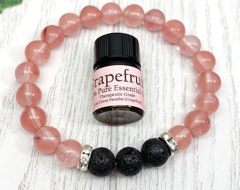 Quartz Essential Oil Diffuser Bracelet, Handmade Pink Cherry Beaded Gemstone Aromatherapy Jewelry