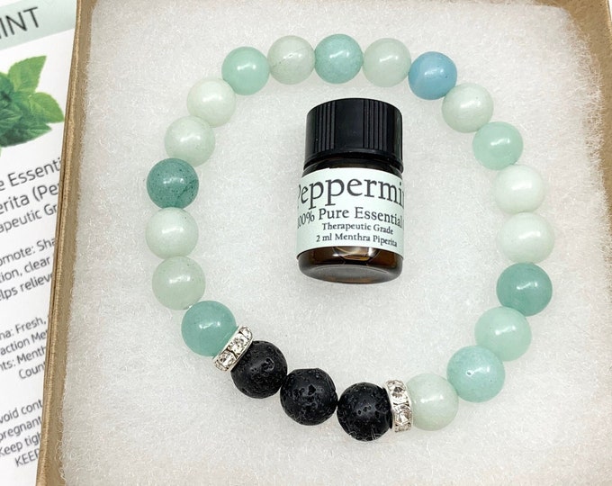 Teal Green Amazonite Oil Diffuser Bracelet, Lava Stone Diffuser, Aromatherapy Jewelry (8mm)