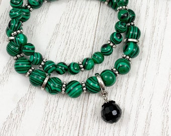 Malachite Beaded Gemstone Bracelet Set | Silver Charm Jewelry | Stacked Stone Bracelets | Green Bracelet Gift