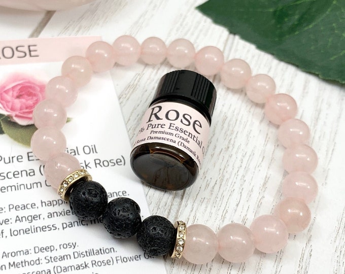 Pink Rose Quartz Oil Diffuser Bracelet, Lava Stone Diffuser, Aromatherapy Jewelry (8mm)