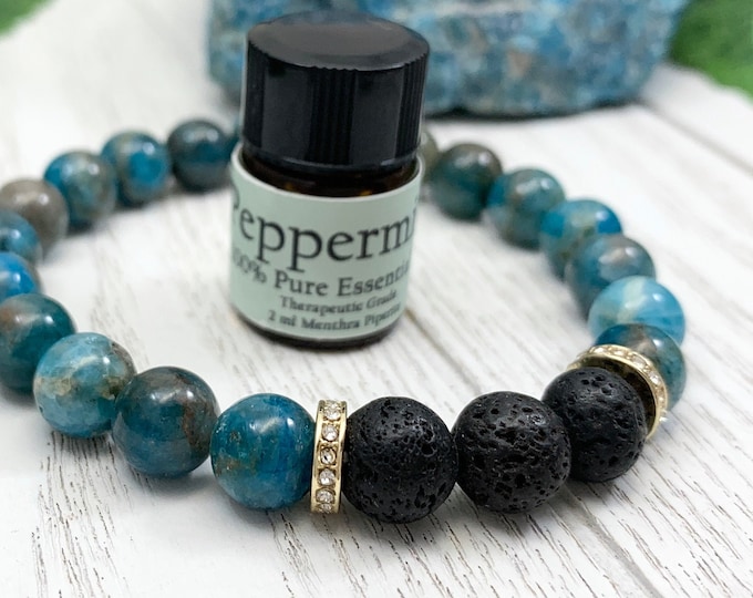 Blue Apatite Oil Diffuser Bracelet, Lava Stone Diffuser, Aromatherapy Jewelry (8mm)