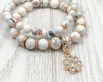 White Howlite Flower Charm Beaded Gemstone Bracelet Set | Rose Gold Flower Jewelry | Stacked Stone Bracelets | Charm bracelet Gift