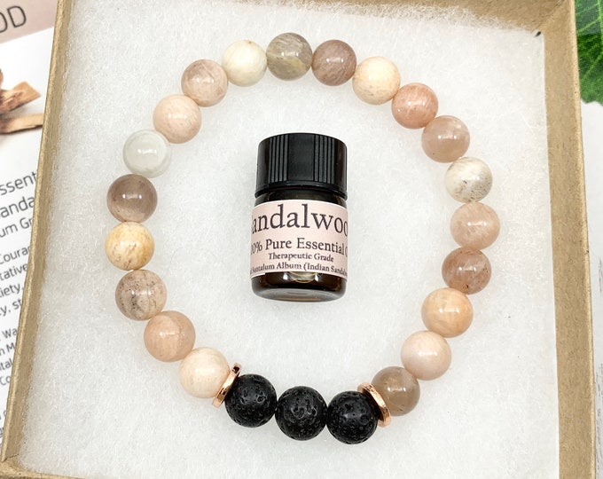 Sunstone Oil Diffuser Bracelet, Lava Stone Diffuser, Brown Aromatherapy Jewelry (8mm)